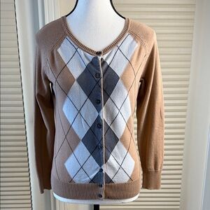 Jessica Cardigan Argyle Brown & Gray Cotton Golf Office Casual Women's Size S